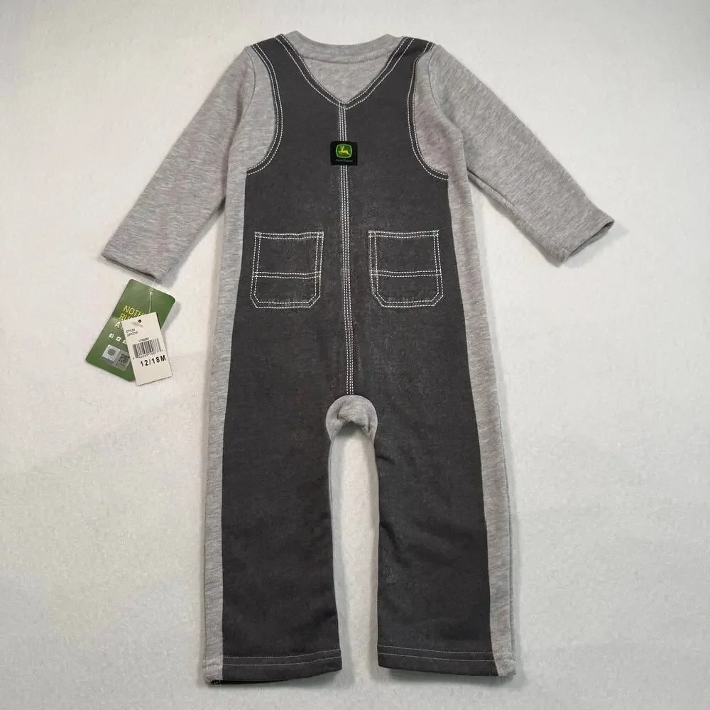 NWT John Deere Baby boys coverall long sleeve onesie gray size 12-18months